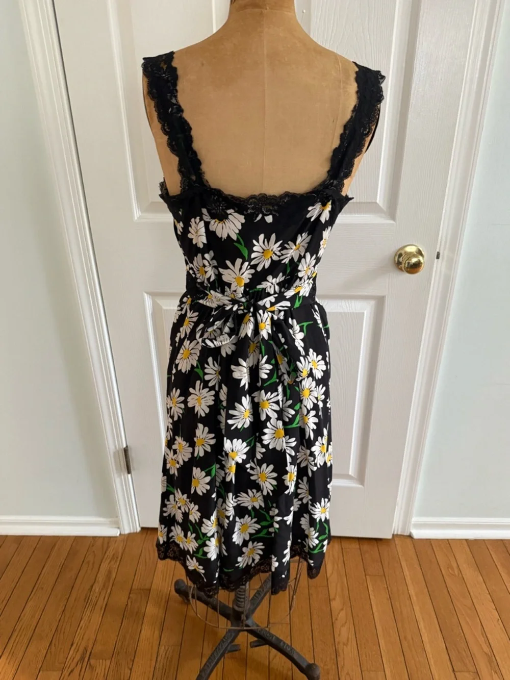 Betsey Johnson Black Midi Dress with White & Yellow Daisy Print - Picture 2 of 5
